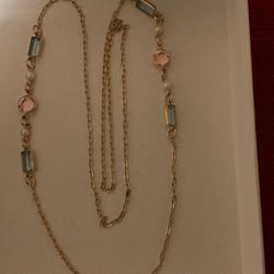 24” Gold Plated Chain Necklace With Pearls And Crystal Stones ( Pink & Aqua)