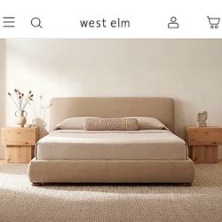 NEW IN-BOX West Elm King Storage Bed, Warm Beige Performance Fabric (Retail $3,000) Free Delivery