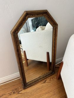 Vintage Large Wooden Wall Hanging Mirror Wood Carved Rectangular Antique Art Styled Collectible Geometric 