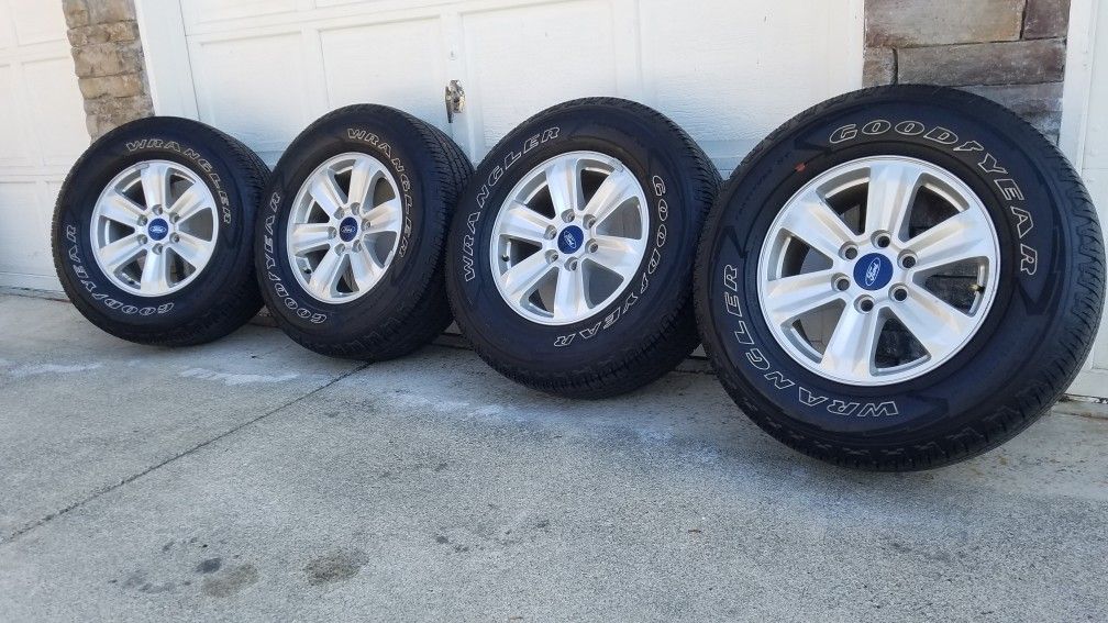 Awesome set of 2018 f150 wheels and tires. Tires are goodyear wrangler 265/70R17