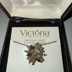 18 Kt Gold Over Sterling Silver Multicluster Pendant, Genuine Gemstone & Diamond