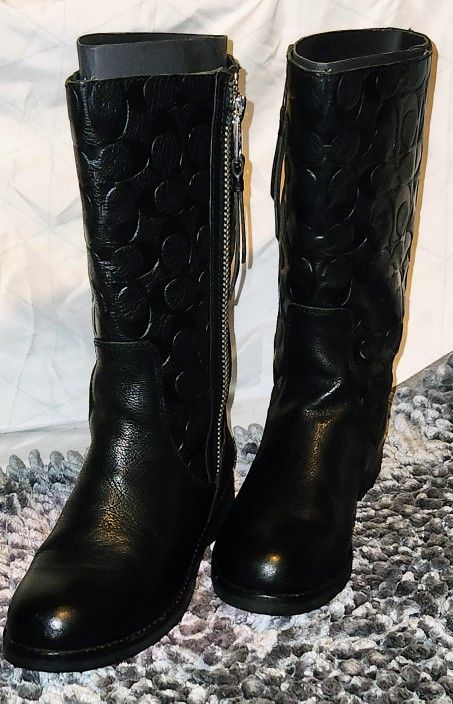 Women's COACH Black Leather "Valentine" Signature C Logo Biker Boots Size 7.5