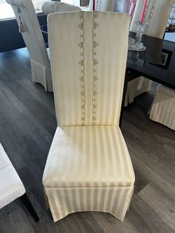Luxurious Upholstered Dining Chairs with Tall Roll backs & Skirted Pleats from Celine Dion’s Estate!