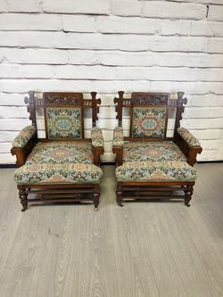 Antique Carved Eastlake Armchairs Chairs 2pc