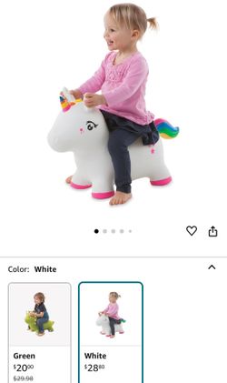 HearthSong Bouncy Inflatable Animal Jump-Along Ride-On Toy for Toddlers with Hand Pump and Unique Birth Certificate, Holds Up to 150 Lbs - Unicorn, Wh