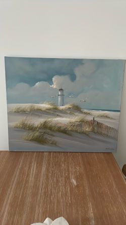 G Heston signed lighthouse painting
