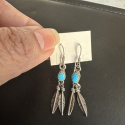 925 Sterling Silver W/ Turquoise And Feathers Earrings, Marked 925 