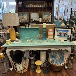 Vintage Beautiful Beachy Distressed Entryway Console Table – Aqua Top, Seagull Grey Bottom - Coastal