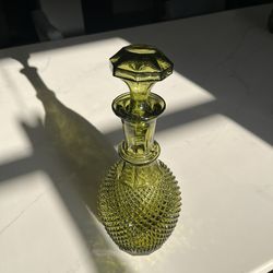 Vintage MCM Empoli Diamond Pattern Olive Green Glass Decanter w/ Stopper 12.75" H
