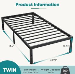 New Twin Metal Platform Bed Frame - 14in High Heavy Duty Mattress Foundation with Storage Space, No Box Spring Needed, Sturdy Steel Slat Support, Easy
