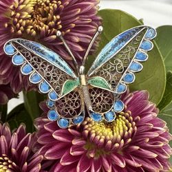 Antique 800 Silver Blue & Green Enamal Filagree 3D Butterfly Pin Rare.