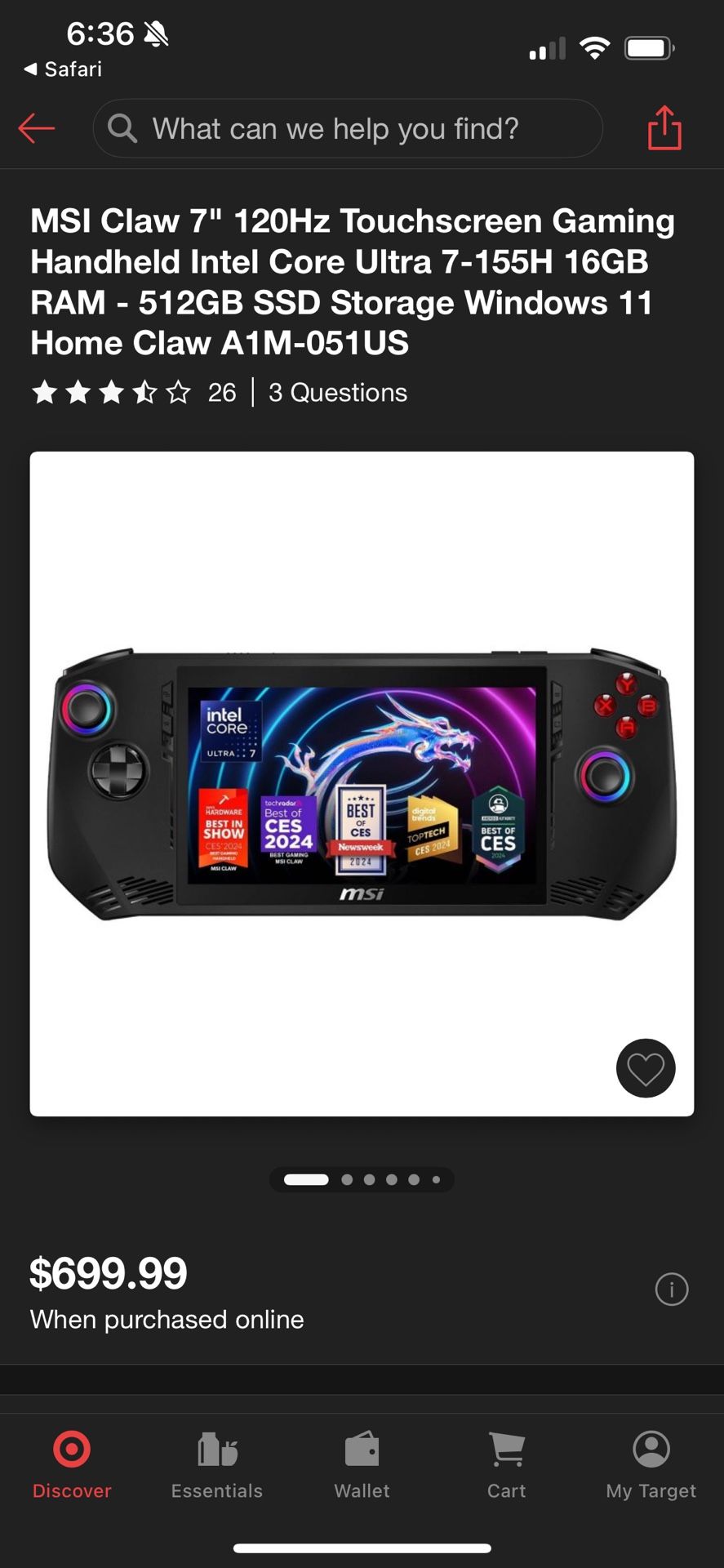 MSI Claw 7" 120Hz Gaming Handheld - Intel Core Ultra 5 16GB LPDDR5 512GB SSD Black (2024)