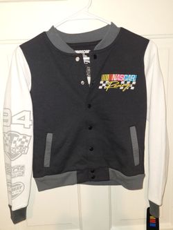 NASCAR Racing Youth Varsity Jacket. Black and white jacket.
