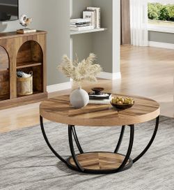 In box NEW Solid Massive Heavy  Round Coffee Table, 31.7" Circle Coffee Table, Modern 2-Tier Wood Accent Center Table With Storage Open Shelves black
