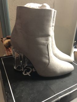 Grey suede boots with clear heel