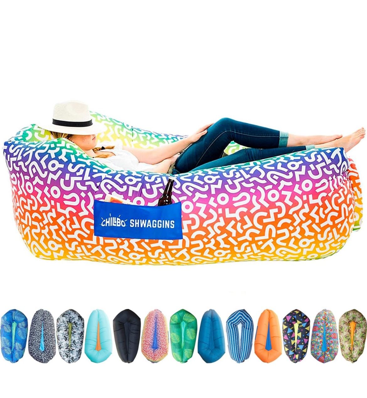 🌈 Elevate your outdoor relaxation with the Chillbo Shwaggins Inflatable Couch in Rainbow Swizzle! 🌈  Designed for ultimate comfort and convenience, 