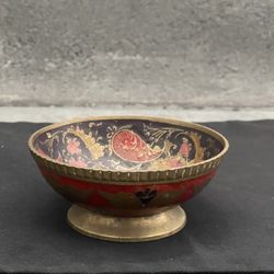 Vintage Brass Enamel Peacock Bowl Scallop Edge Pedestal Trinket Dish India