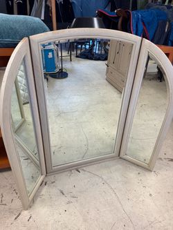 Tri-Fold Vanity Mirror White Wood Frame