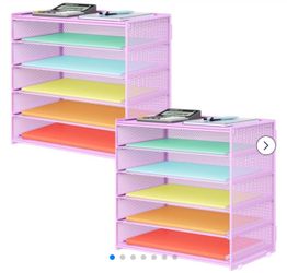 2 Pack Purple 6 Tier Paper Organizer, Metal Mesh Desk File Folder, Letter Tray Organizer