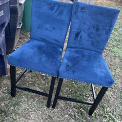 2 Blue Velvet Counter-Height Chairs – Matching Set