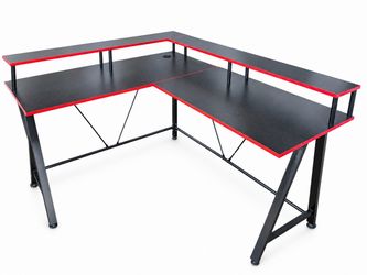 Black & Red L-Shaped Gaming Desk with Raised Shelf