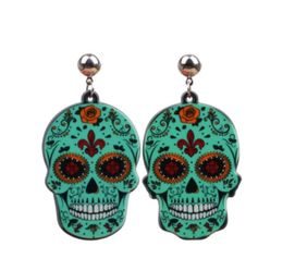Turquoise acrylic earrings 3 inch wooden skull