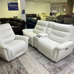 White Genuine Leather Dual Power Recliner Loveseat & Matching Recliner - We Deliver & Finance 🚚🔥🎄