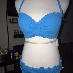 Sundazed Nixie Underwire Ruffled Halter Bikini Top & Ruffled-edge Bikini Bottoms Sz 32D/Medium $50 Obo