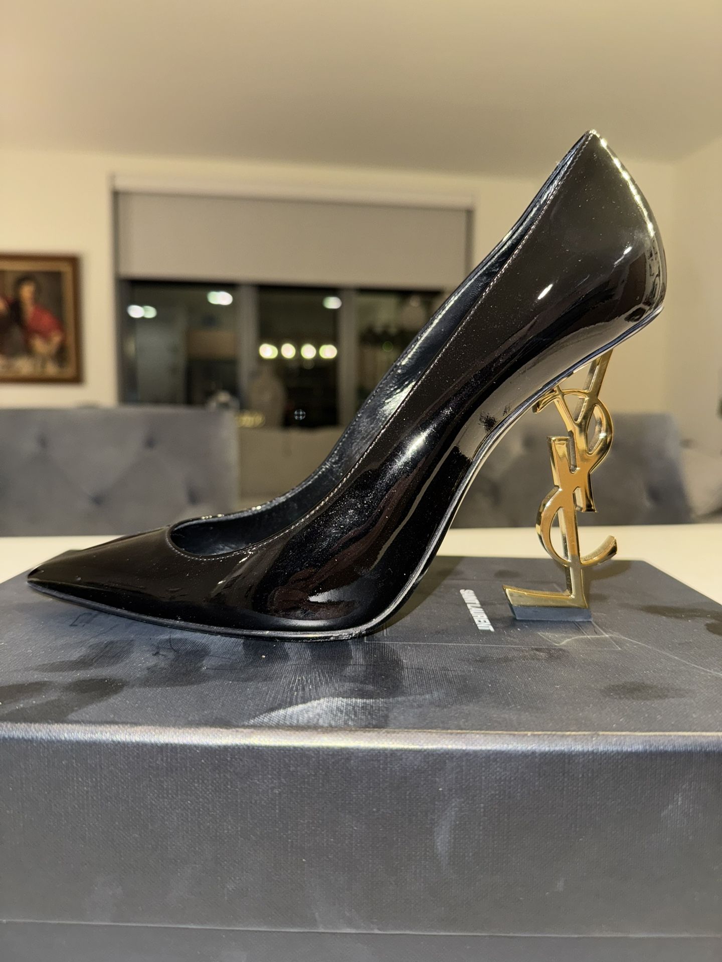 YSL Vernice Chiffon Black Patented Leather Heels Size 40 (US Size 9)
