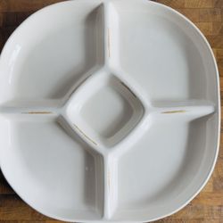 Pottery Barn Divided Stoneware Serving Platter, Ivory with Brown Distressed Accents, 15" x 15" x 2” - Circa 2012  