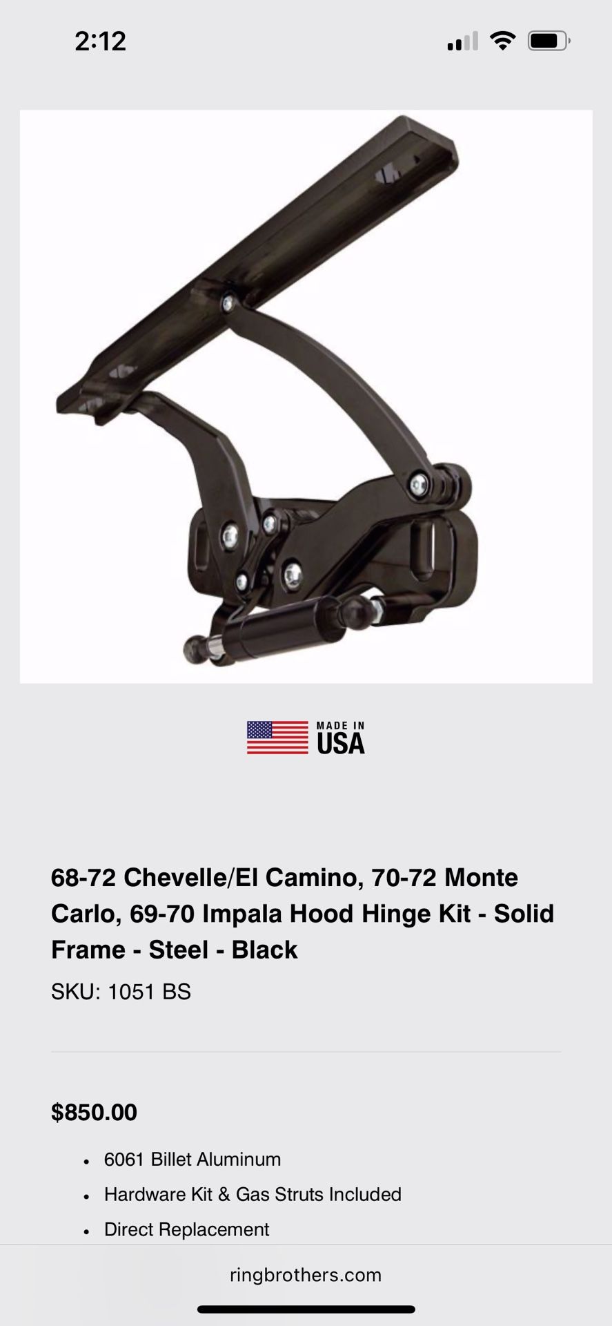 Chevelle Hood Hinge Kit (Ring Brothers)