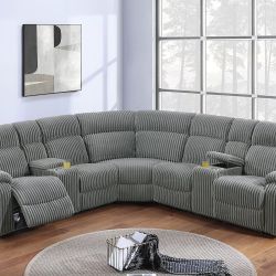 Brand New Grey Corduroy Power Reclining Sectional Sofa 