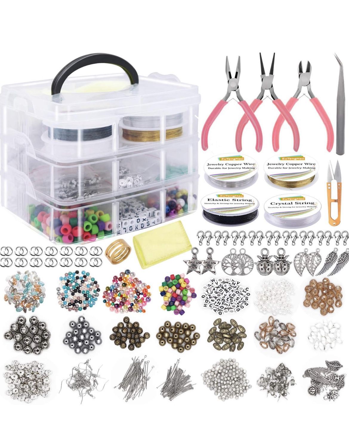 EuTengHao The jewelry manufacturing supply kit includes assorted beads, beads, beads, spacer beads, wire cable pliers for repairing necklaces, earring