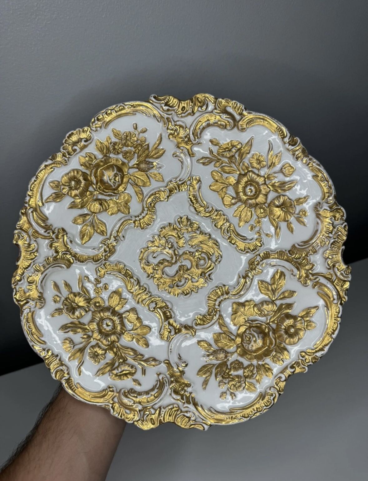 Antique Meissen 19th Century Porcelain Gold Plate, Rococo Germany Gold Gilt Rose