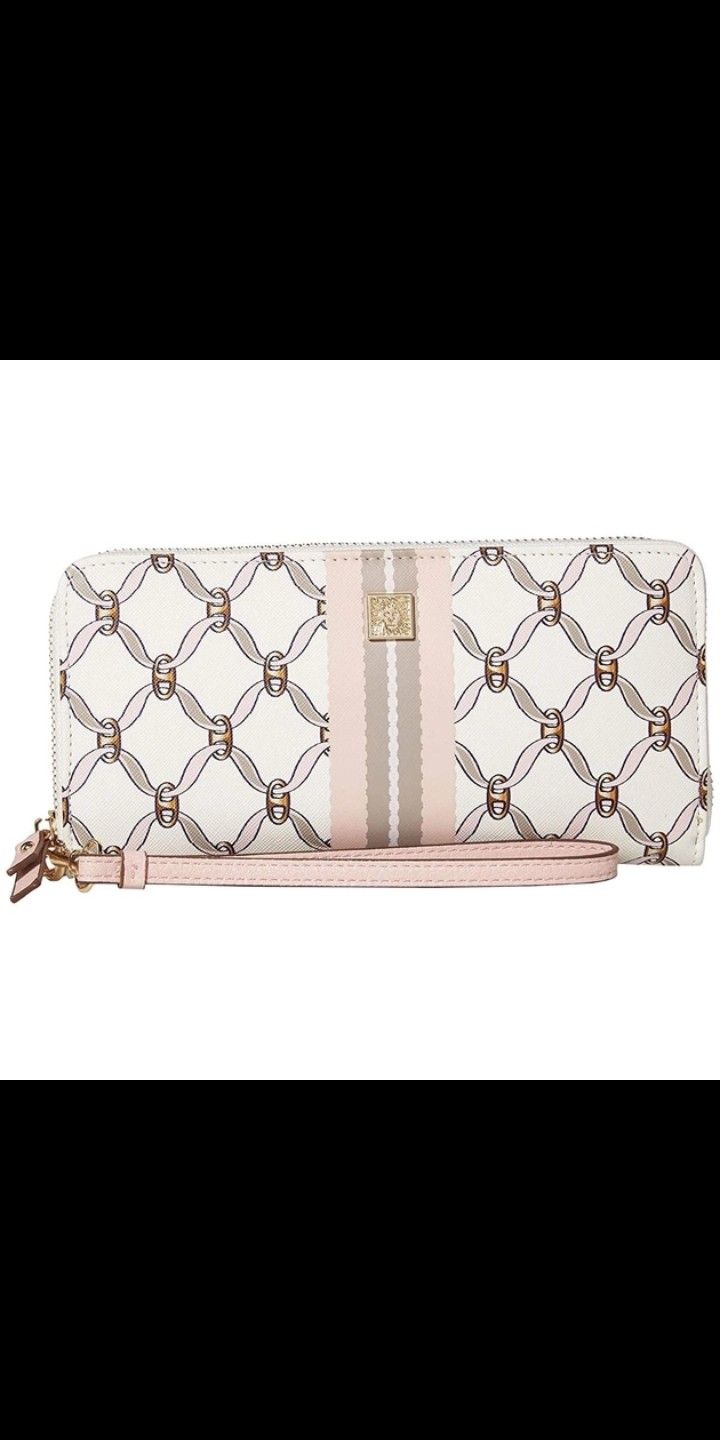 Anne Klein Designer Genuine Leather  Chain Link Print Wallet Slim Zip Wristlet