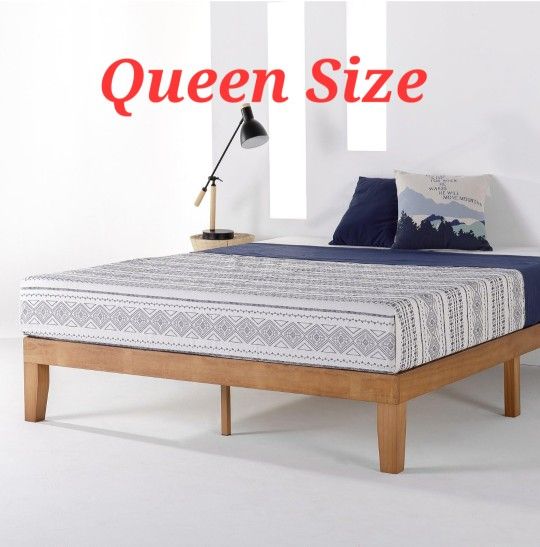 Queen Size 12" Solid Wood Platform Bed Frame w/Wooden Slats (No Box Spring Needed), Natural
