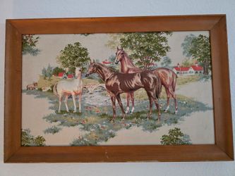 Vintage Horse Tapestry Fabric 3D Picture Painting in a Wood Frame