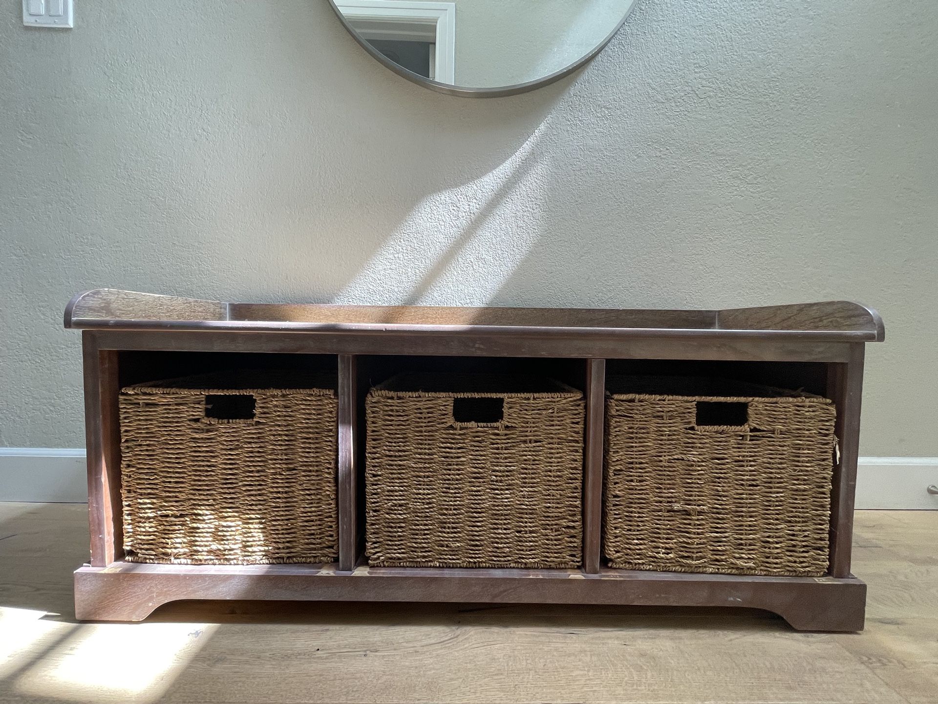 Distressed Brown 3-Drawer Wicker Storage Bench