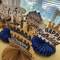 10 - GOLD and BLUE BIRTHDAY DECORATIONS 