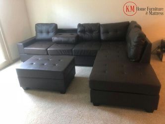 SECTIONAL BROWN ESPRESSO BONDED LEATHER WITH DROP DOWN CUP HOLDER AND STORAGE OTTOMAN