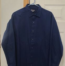 Van Heusen Men's Navy Blue Textured Long Sleeve Button-Down Dress Shirt – Size L 16-16½