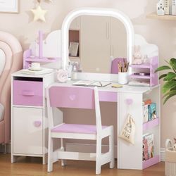 Children's Vanity Table with Lights and Chair, Princess Makeup Desk with Mirror Shelf Storage Cabinet, 3-in-1 Dressing Table, Kids Makeup Vanity Table