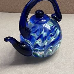 Vintage Mini Blown Glass Paperweight Teapot Kettle Marble Swirl Style