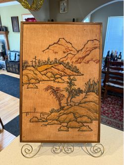 Vintage Asian Landscape Wood Wall Art Panel