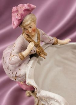 Original Vintage Bisque Porcelain Victorian Lady Figure Vase Fine Art Antique Figurine Collectible Statue Dried Flower Planter Sleigh Sled HILLCREST