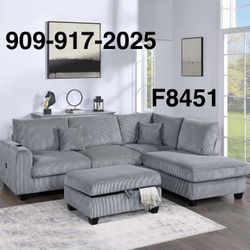 LIGHT GREY CORDUROY SECTIONAL WITH STORAGE OTTOMAN