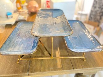 3 Tier Serving Trays for Party, 12 Inch Porcelain Serving Platters and Tiered Trays, Foldable Sturdy Gold Stand, for Food Display, Fruit, Cake Dessert