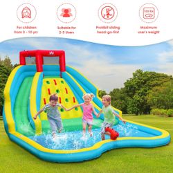 🎉 BRAND NEW BOUNTECH Inflatable Water Slide, Double Side Park w/ Large Climbing Wall, Splashing Pool, Water Cannon, Including Carry Bag, Repair Kit,