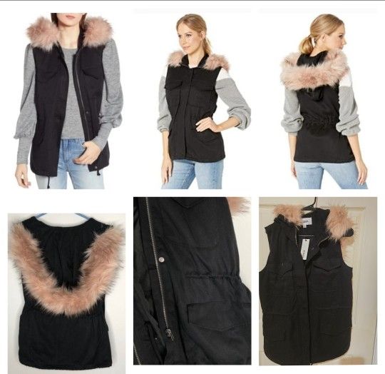 New!NWOT BB Dakota Black Get Your Swagger On Vest Faux Fur Trim Hood Size Medium ( reseda ca)