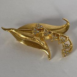 Monet Vintage Brooch Gold Tone Lily Of The Valley Flower Rhinestones 